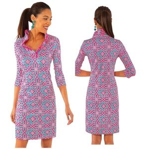 GRETCHEN SCOTT DESIGNS  RUFFNECK DRESS SCALLOP NECKLINE SHIFT STRETCH JERSEY SM